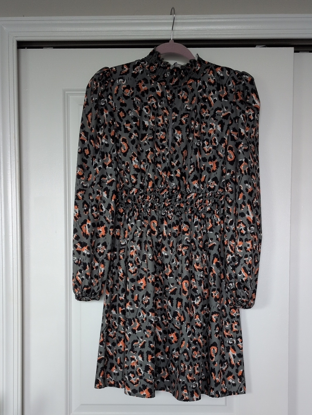 SHEIN Gray Leopard-Print Long Sleeve Mini Dress with Rust Accents
